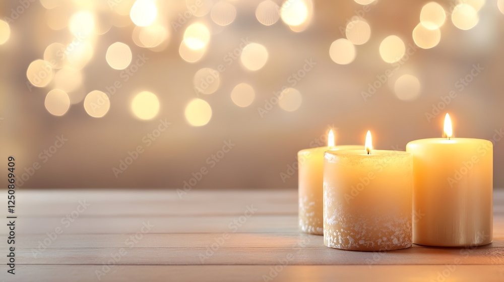 Poster Tranquil Scene of Three Glowing Candles Against a Soft Blurred Background with Warm Bokeh : Generative AI