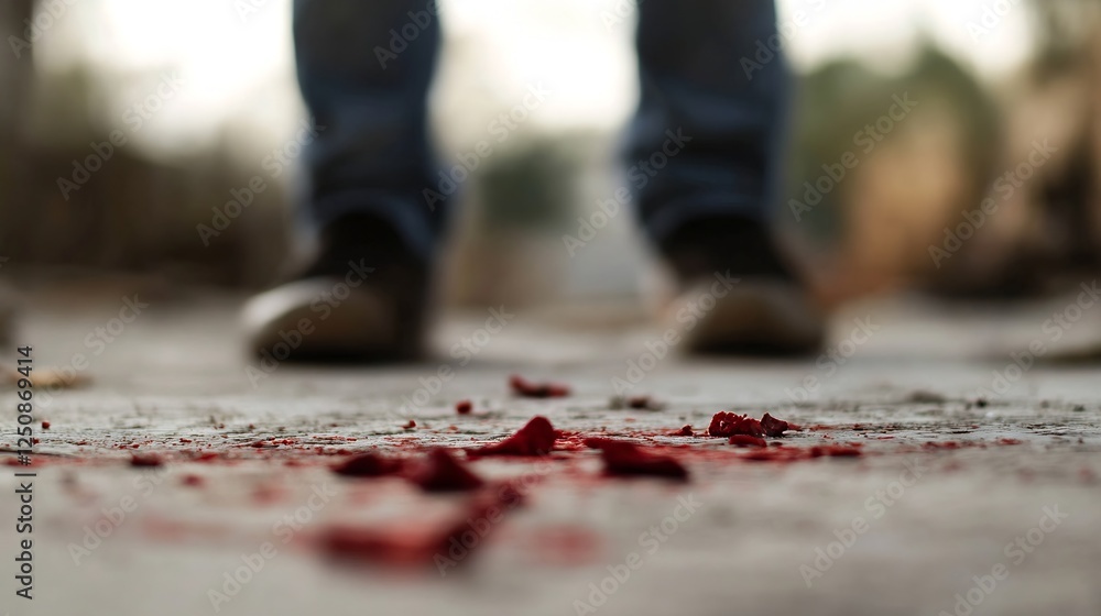 Poster captivating close up of scattered red petals on a concrete surface with a person standing in the bac