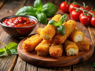 Fototapeta premium Homemade mozzarella sticks: crispy, golden-brown, served with rich marinara and a homemade dipping sauce.