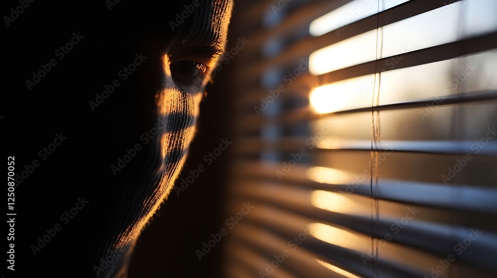 Poster Mysterious close up of a person's face partially hidden in shadows with sunlight filtering through blinds : Generative AI