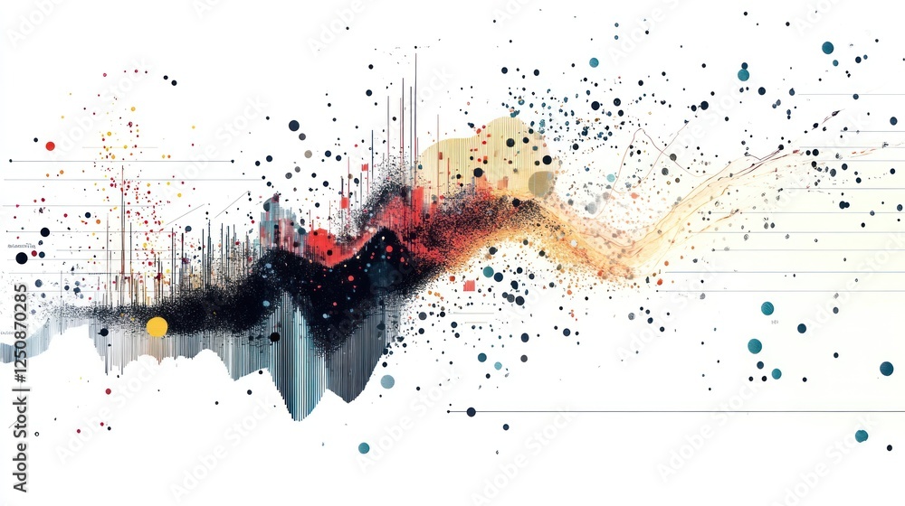 Poster abstract data visualization with colorful particles and lines forming a dynamic wave pattern on a wh