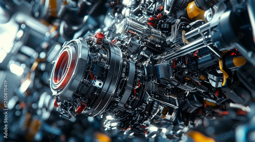 Poster intricate close-up of futuristic engine components with metallic finish