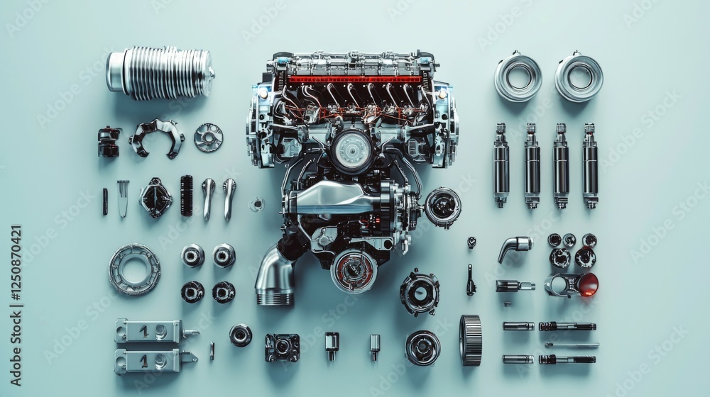 Poster detailed view of an assembled engine with components and parts