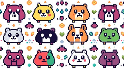 Obraz premium Pixelated Bear Friends: Adorable pixel art illustration featuring a colorful array of cute bear characters, perfect for social media, gaming, and fun designs.