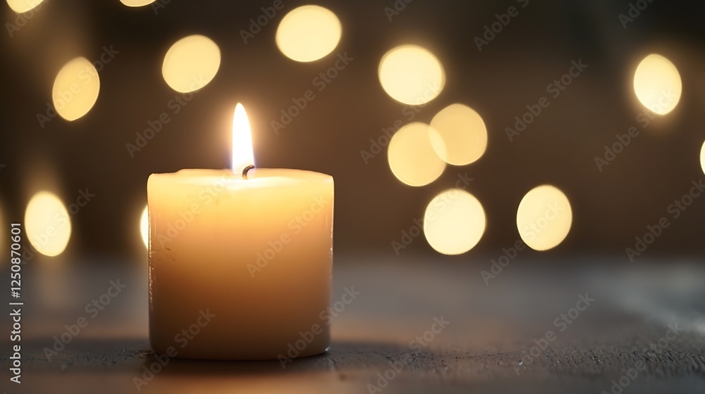Poster a softly glowing candle illuminated against a festive background of bokeh lights : generative ai