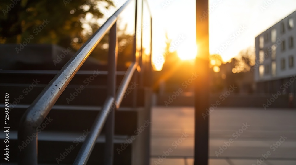 Poster Sunset glow illuminating a modern staircase creating a mood of peaceful urban living : Generative AI