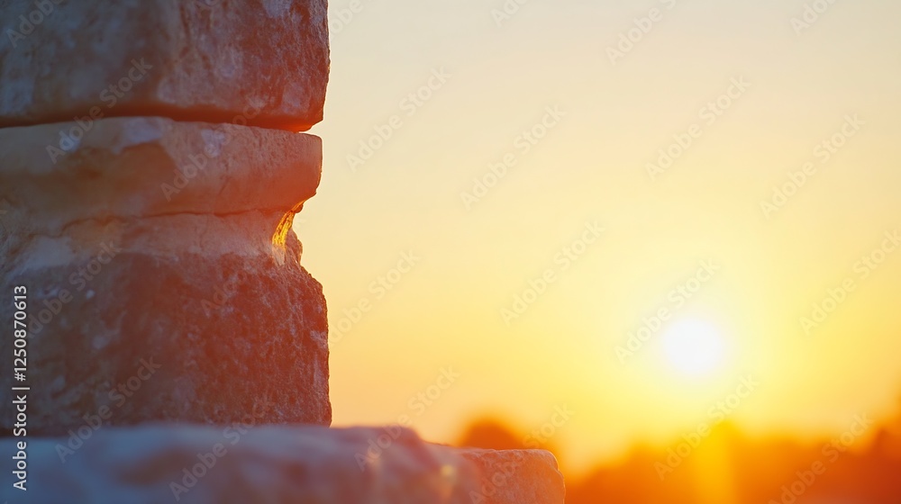 Aufkleber close up of stone structure with warm sunset glow highlighting textures and silhouette of sun : gene
