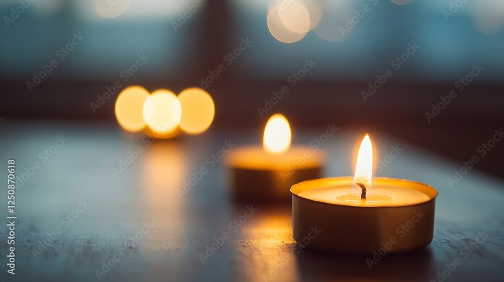 Poster tranquil scene of flickering candles on a wooden table creating a warm and cozy atmosphere : generat