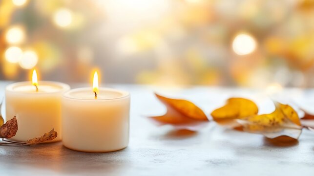 Relaxing scene with two lit candles on a cozy surface surrounded by autumn leaves and a warm atmosphere : Generative AI