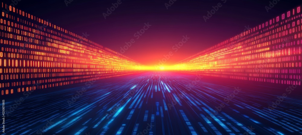 Poster futuristic digital highway with glowing binary code stream, abstract big data light speed concept
