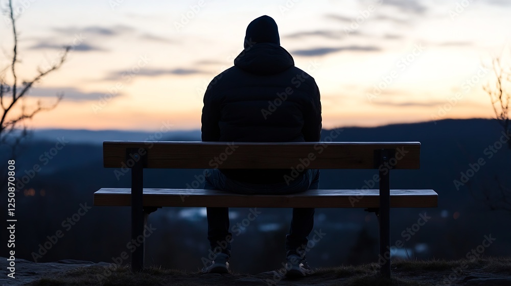 Poster silhouette of a man sitting on a bench at dusk overlooking a beautiful horizon : generative ai