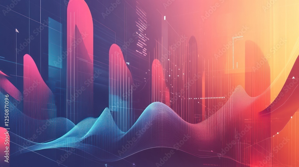 Poster Abstract data visualization with vibrant color gradients and dynamic wave patterns representing technological advancement or financial growth.