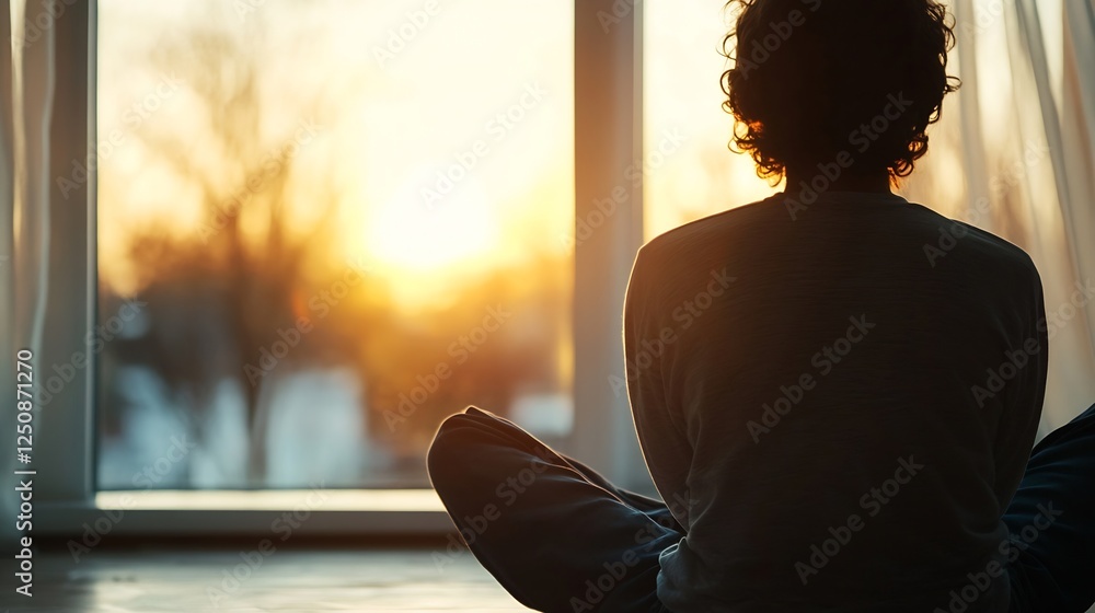 Poster person meditating and enjoying a peaceful sunset view from a cozy indoor setting : generative ai