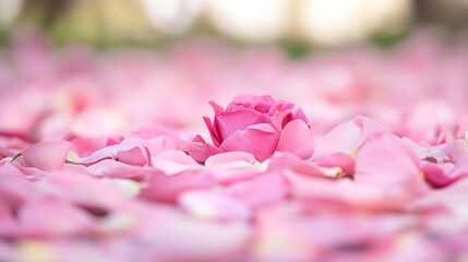 Obraz premium Close up of a single pink rose standing out among scattered rose petals creating a romantic and picturesque scene : Generative AI