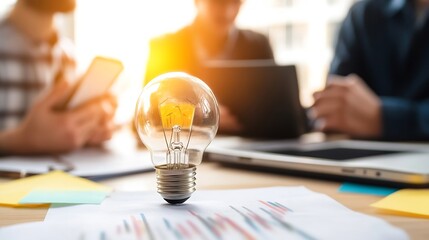 Creative workspace with a light bulb as the focal point symbolizing innovative ideas and teamwork : Generative AI