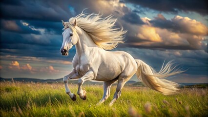 Obraz premium Albino horse galloping through an open meadow capturing motion and freedom in nature high-resolution portrait dynamic environment dramatic viewpoint
