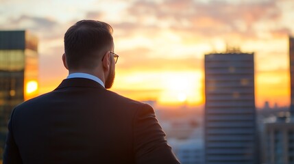 Businessman Watching a Stunning Sunset Over the City Skyline from a Rooftop Perspective : Generative AI