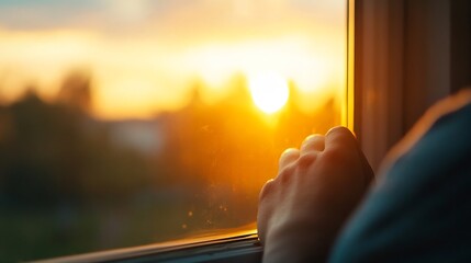 Person watching a beautiful sunset from inside a cozy room : Generative AI