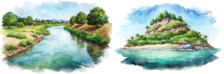 Fototapeta premium Scenic watercolor landscape, tranquil river view, lush greenery, serene island scene, nature illustration, artistic design.