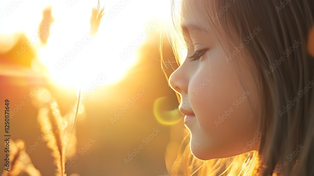 Poster charming girl enjoying the sunset light with calm expression : generative ai