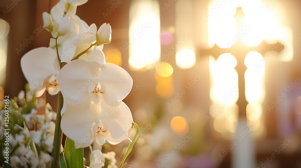 Poster stunning arrangement of white orchids in a sunlit setting with a cross for a spiritual ambiance : ge