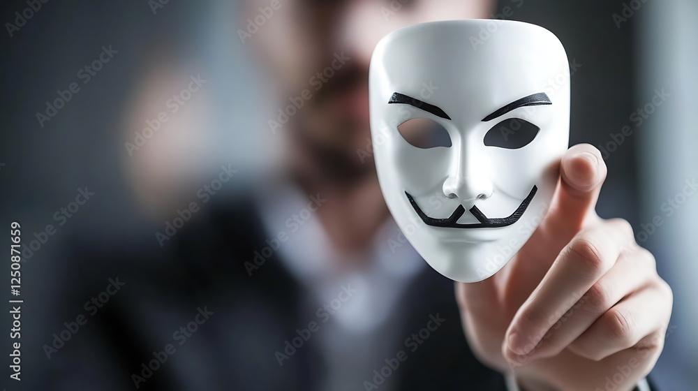 Poster mysterious figure holding a white mask representing anonymity and secrets in a dark setting : genera