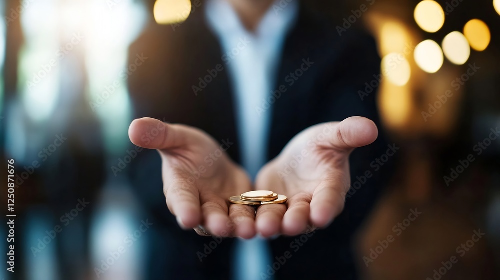 Poster man holding shiny gold coins in his open hands representing financial success : generative ai