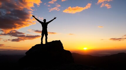 A Thriving Adventurer Celebrating Life on the Mountain Top at Sunset with Open Arms in a Beautiful Scene : Generative AI