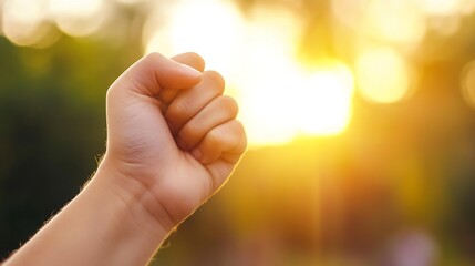 A fist raised in the sunlight symbolizing strength and determination against a blurred backdrop : Generative AI