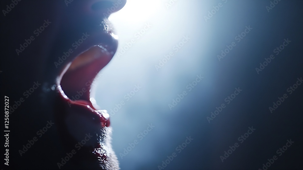 Poster dramatic close up of a person shouting in a smoky environment with backlighting during an intense mo