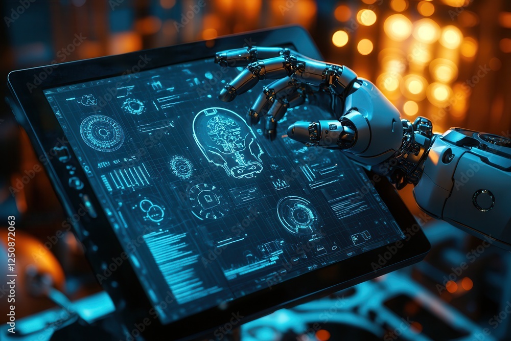 Poster tech-savvy support: robot ai assistant with floating gears and digital tablet interface .