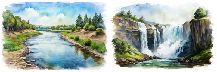 Scenic watercolor landscape, flowing river, majestic waterfall, lush greenery, serene nature, outdoor beauty, tranquil environment. © Valeriia