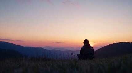 A serene moment as a person sits alone watching a breathtaking sunset over mountain ranges : Generative AI