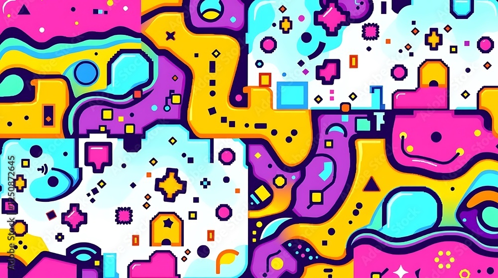 Poster abstract joyful chaos: a vibrant explosion of color and playful shapes creates a dynamic and joyful 