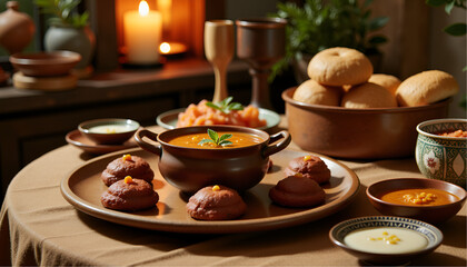 Delicious traditional dishes served on a table with warm lighting and cozy atmosphere