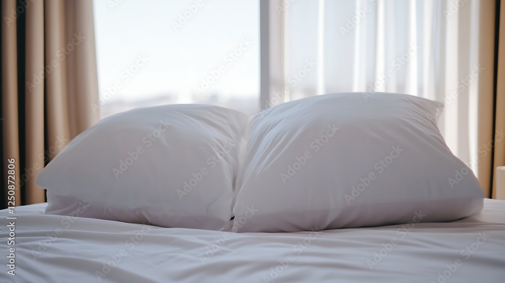 Sticker Two fluffy white pillows resting on a neatly made bed in a sunlit room : Generative AI