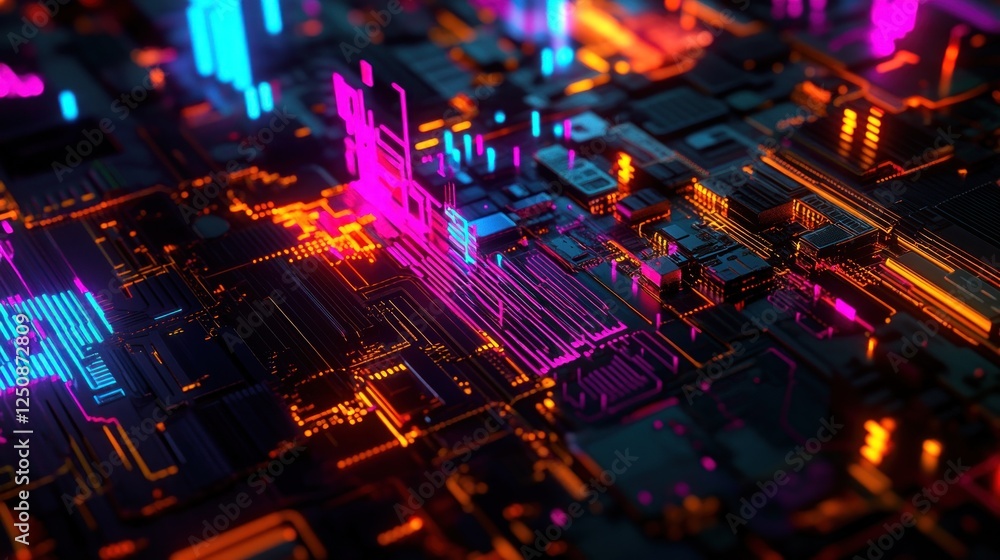 Poster Abstract digital circuit board with glowing neon lines and vibrant colors.