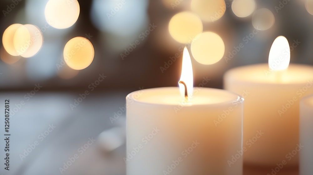 Poster serene composition of glowing candles illuminating a softly blurred background for a calming atmosph