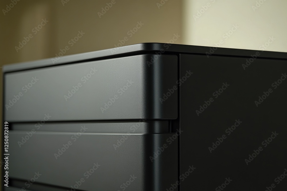 Poster a close-up view of a black dresser with intricate details and a slight reflection