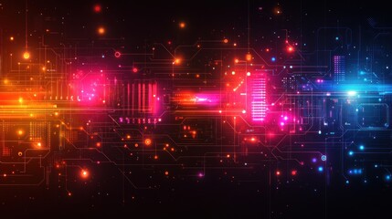 Obraz premium Abstract digital circuit board with glowing nodes and lines, vibrant colors.