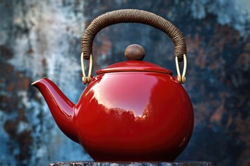 A classic red teapot sits atop a rustic wooden table, perfect for any vintage-themed setting
