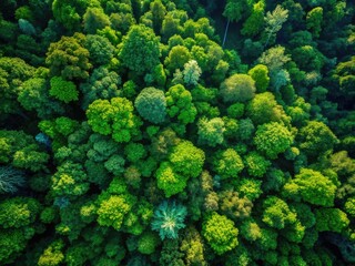 Naklejka premium Lush green forest canopy, a bird's-eye view captured by drone photography, showcasing vibrant summer foliage.