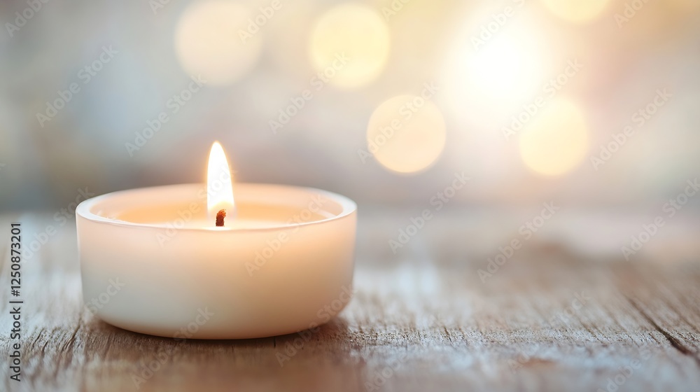 Poster A serene candle glowing softly on a wooden table creating a warm and inviting atmosphere : Generative AI