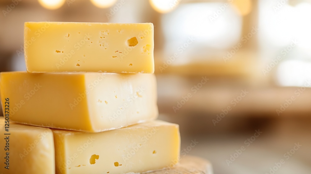Poster Delicious fresh cheese blocks stacked elegantly on a rustic wooden table in natural light : Generative AI