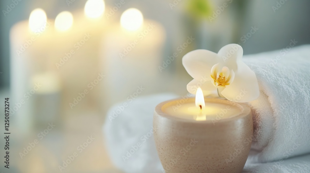Poster Relaxing Spa Setting with Candle and Orchid on Soft Towels for a Tranquil Atmosphere : Generative AI