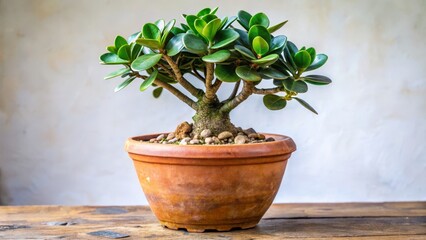 Fototapeta premium Beautiful potted succulent plant on wooden table with soft background