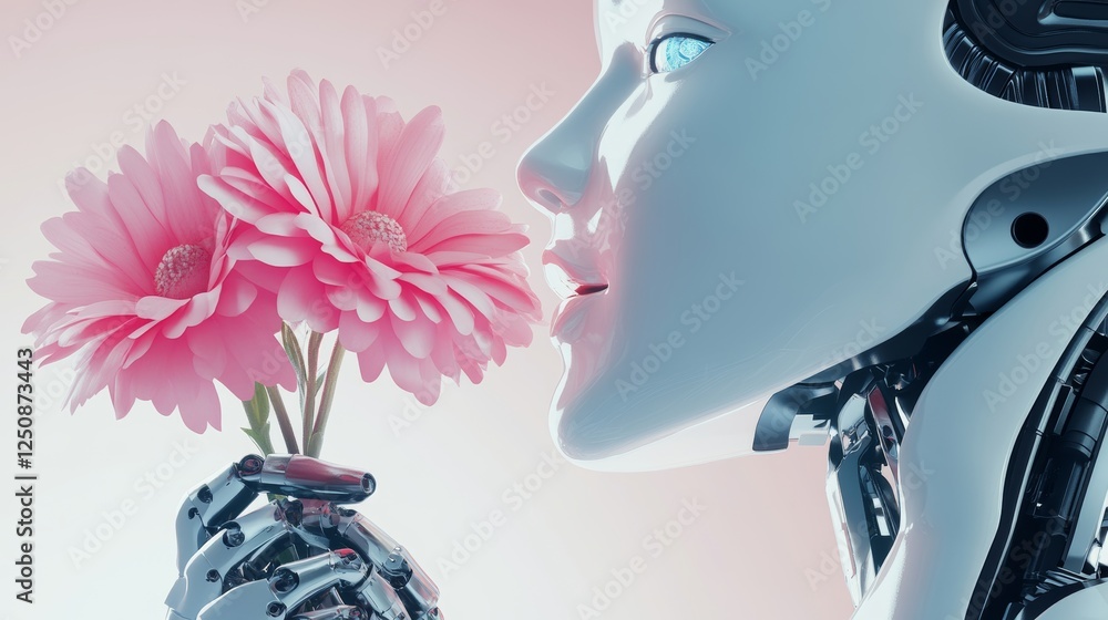 Poster ai humanoid head profile holding robotic flower in hand, representing the future of artificial intel