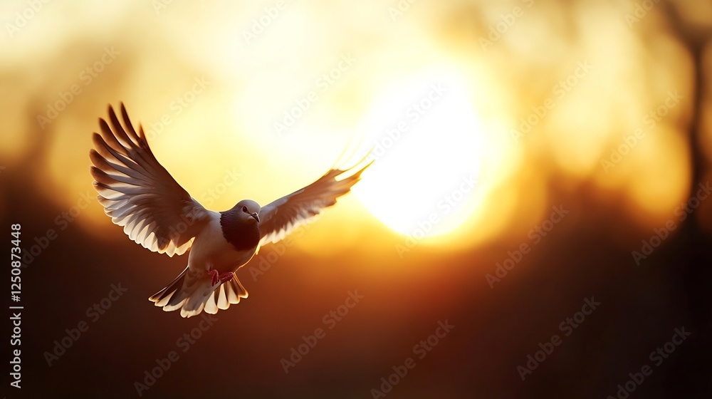 Poster graceful bird in flight against a warm sunset background evoking a sense of freedom and tranquility 