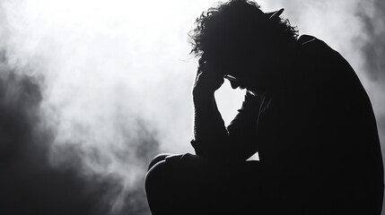 Dramatic silhouette of a person in introspective pose against a smoky background creating a moody atmosphere : Generative AI