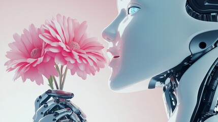 AI humanoid head profile holding robotic flower in hand, representing the future of artificial intelligence and robotics. Digital brain and neural networks analyze the world in Industry 4.0 concept